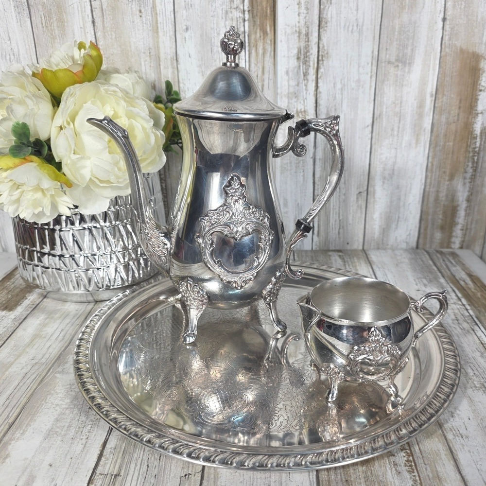 Leonard Silver Plated Tea Set 3pc Ornate Teapot Creamer and Etched Serving Tray